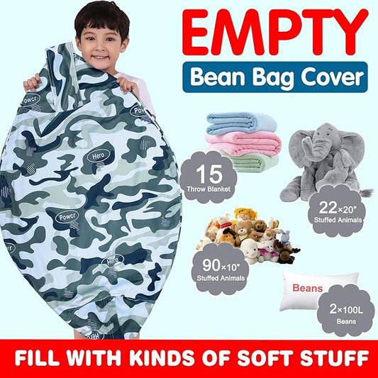 Lukeight Stuffed Animal Storage Bean Bag Chair Cover for Kids, Zipper Beanbag Chair Cover for Organizing Toddler and Kids' Rooms Plush Toys (Camo Velvet, X-Large)