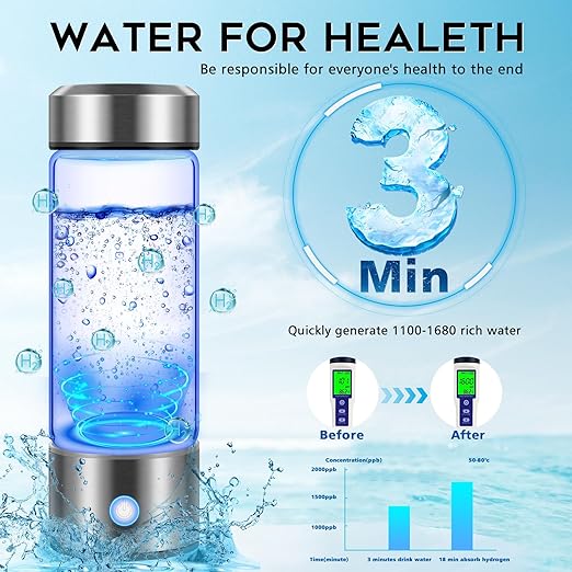 Hydrogen Water Bottle, Hydrogen Water Bottle Generator with PEM SPE Technology, 3Min Quick Electrolysis, Rechargeable Portable Hydrogen Water Bottles for Office/Travel/Exercise/Daily Drinking/Gift