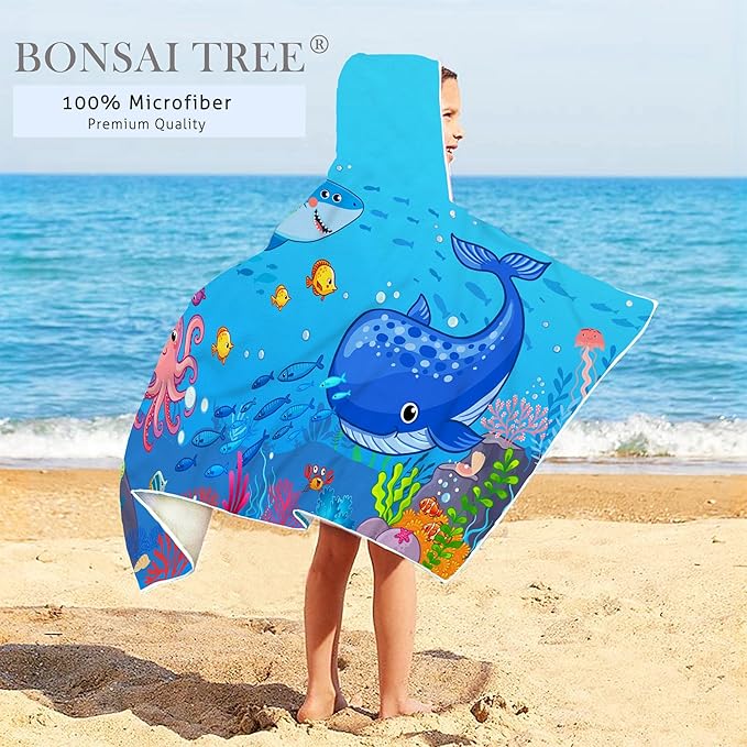 Blue Sea World Hooded Beach Towel for Kids, Cute Bath Towel with Hood, Boy Microfiber Super Absorbent Soft Poncho Bathrobe for Swin Pool 30”x50”