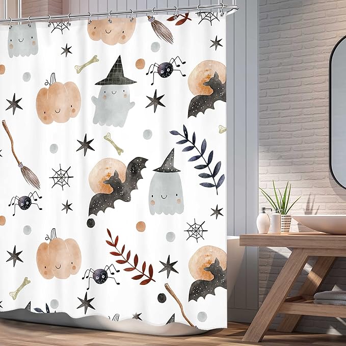 Halloween Kids Shower Curtain 60Wx72L Inch Cute Cartoon Ghost Pumpkin Shower Curtain Bathroom Set Bat Spider Web Wizard Hat Funny Stars Leaves Bath Curtain Bathtub Accessories Home Decor