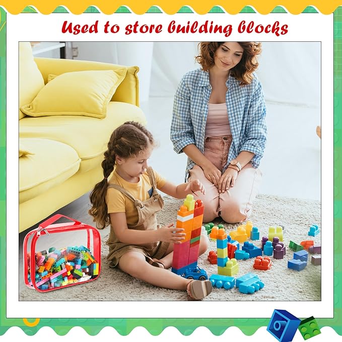 Sanwuta 3 Packs Toy Storage Bags with Zipper, Clear PVC Organizing Bags, Waterproof Toy Bags for Board Games, Building Blocks, Toys and Kids Books (Red, Yellow, Green,10.24 x 7.09 x 2.36 Inch)