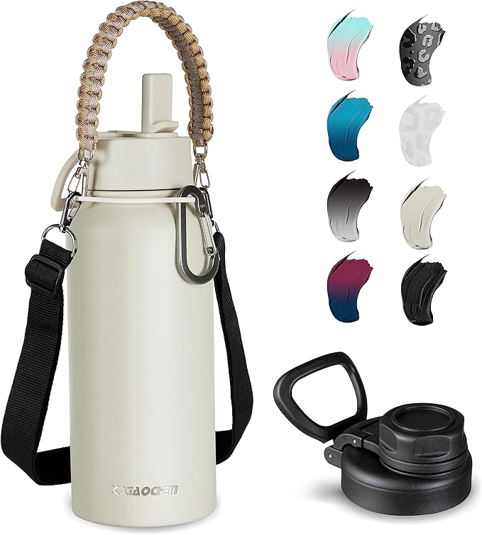 32 oz Insulated Water Bottle with Paracord Handles & Strap, 2 Lids(Straw Lid&Spout Lid), Stainless Steel Reusable Wide Mouth Metal Water Bottle With Straw, Double Walled, Thermo Mug(Cream)