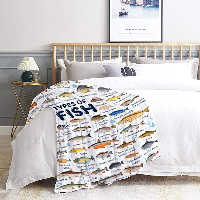 Fish Throw Blanket,Types of Fish Blanket Fish Blanket Gifts,Ultra Soft Lightweight Flannel Blankets Warm Fuzzy Cozy Plush Blankets for Couch Sofa Bed Living Room,Kids Size-40"x50"