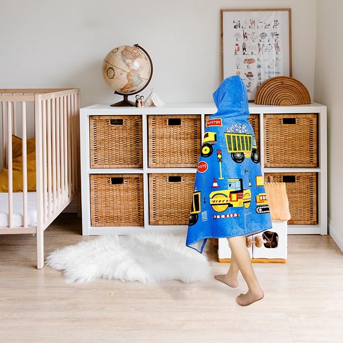 Toddler Bath Towel Hooded - Cotton Kids Beach Towel 30"x50" for Ages 3 to 10, Soft Terry Poncho Towel as Pool Swim Cover Ups for Girls Boys(Construction Site Blue)