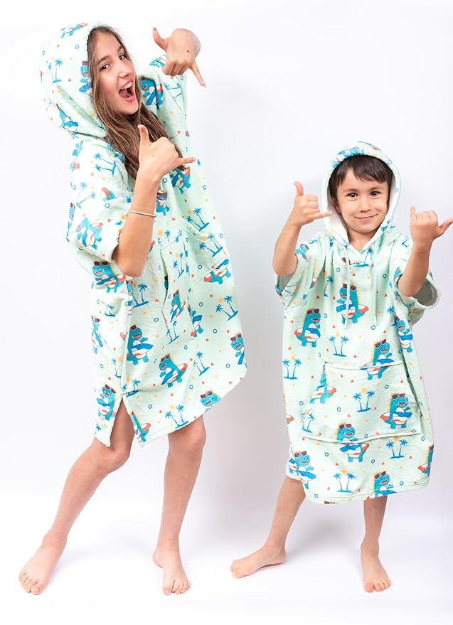Cotton/Microfiber Kids Surf Poncho, Wetsuit Changing Towel Bath Robe with Hood and Pocket for Ages 3-7 and 8-12 (Surfer Dinos, 3-7 Years)
