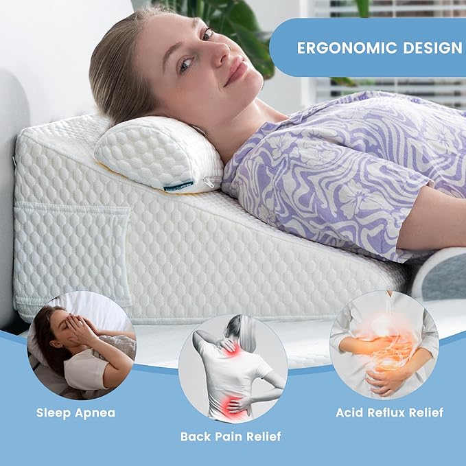 Bed Wedge Pillow for Sleeping - 2 Pcs Cooling 10" Height Pillow Set for Post Surgery Adjustable Triangle Pillow Wedge for Legs, Back Pain, Snoring, Alleviate Acid Reflux, White