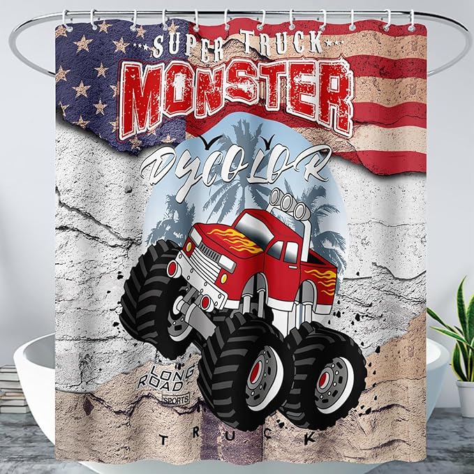 AILONEN Monster Truck Shower Curtain, American Flag Truck Bath Curtain for Boys,Red Truck Car Bathroom Decor Waterproof Fabric 60" W*72" H Inch with 12 Plastic Hooks