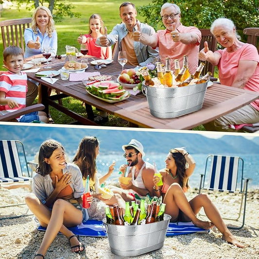 Nuogo 4 Pcs Stainless Steel Oval Ice Buckets for Parties 15 Qt/ 4 Gallon Galvanized Metal Drink Bucket with Handles Leak Resistant Beverage Tub Rustproof Wine Cooler Bucket Beverage Chiller(Silver)