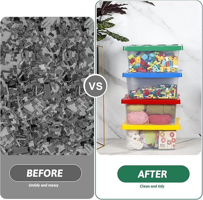 loobuu Plastic Storage Bins with Lids - Stackable Toy Storage Organizer Box Set of 4, Kids Toy Chests Container with Compatible Building Baseplate and Lid for Building Bricks - Yellow+Red+Blue+Green