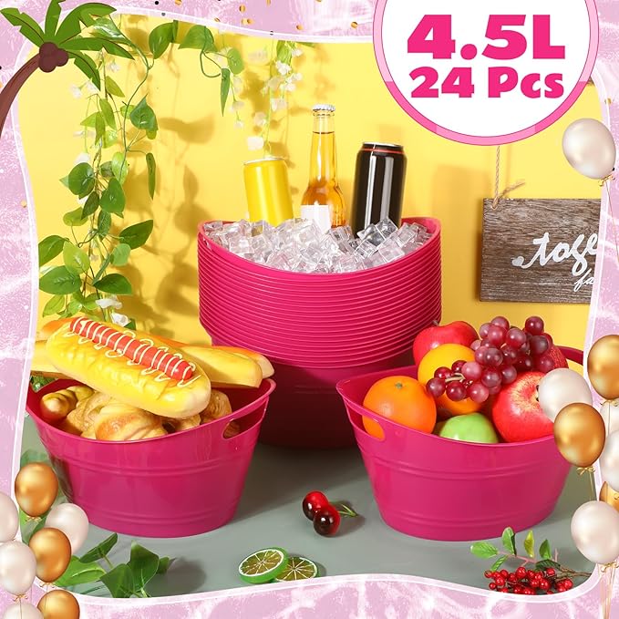 Norme 24 Pcs Oval Storage Tub with Handles, 4.5L Plastic Ice Bucket Wine Beer Champagne Bottle Drink Cooler Tub for Parties Beverage, Storage Basket (Rose Red)