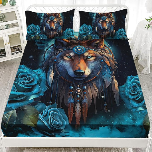 AILONEN Wolf Fitted Sheet Set Twin XL Size Dream Catcher Bed Sheet Set, Blue Rose Smoke Wolf Sheet Set for Boys Girls,Animal Wolf Fitted Sheet with 2 Pillowcases,3 Pieces