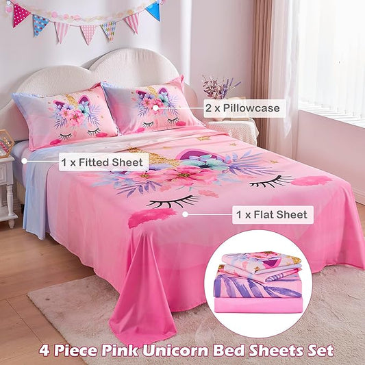 VIVILINEN Full Size Sheet Set 4 Piece Kid Sheets Set for Girls Pink Unicorn Full Bed Sheets Set for Teens Bedding Set Include Flat Sheet, Deep Pocket Fitted Sheet and Pillowcase