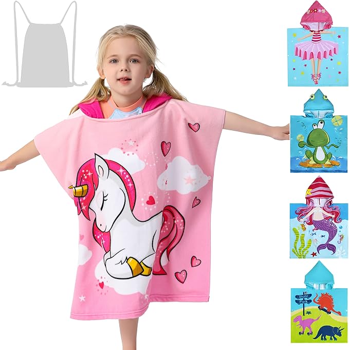 Kids Hooded Poncho Towel for Girls, Toddlers Bath Beach Pool Swim Towels with Hood Cover-ups Swimwear (3D Unicorn with bag)
