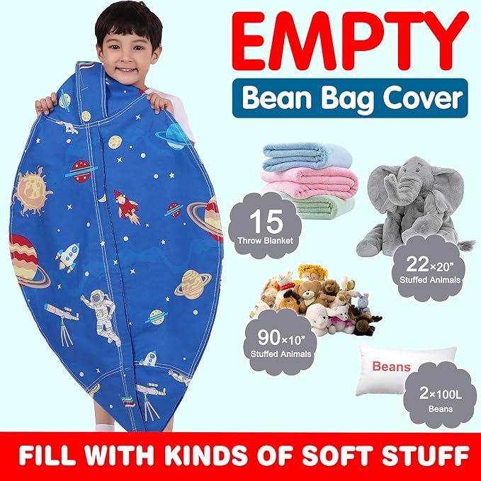 Lukeight Stuffed Animal Storage Bean Bag Chair Cover for Kids, Zipper Beanbag Chair Cover for Organizing Toddler and Kids' Rooms Plush Toys (Outer Space, X-Large)