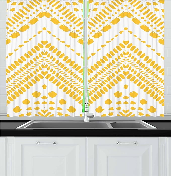 Ambesonne Yellow Chevron Kitchen Curtains, Hand Drawn Aztec Pattern Motif with Dashed Lines, Window Drapes 2 Panel Set for Kitchen Cafe Decor, 55" x 24", Mustard White