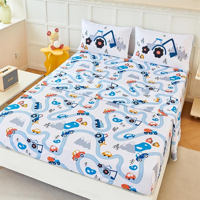 RYNGHIPY Kids Twin Bed Sheets: Cars Print Sheets Set for Boys - Breathable Wrinkle Free Microfiber Flat Sheet Fitted Sheet and Pillowcase (White,Twin)