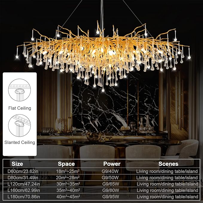 63in Modern Chandeliers, Tree Branch Chandelier Raindrop Crystal Pendant Light Fixtures, Gold Finish Chandeliers Light for Dining Room, Entryway, Living Room, 15-Light