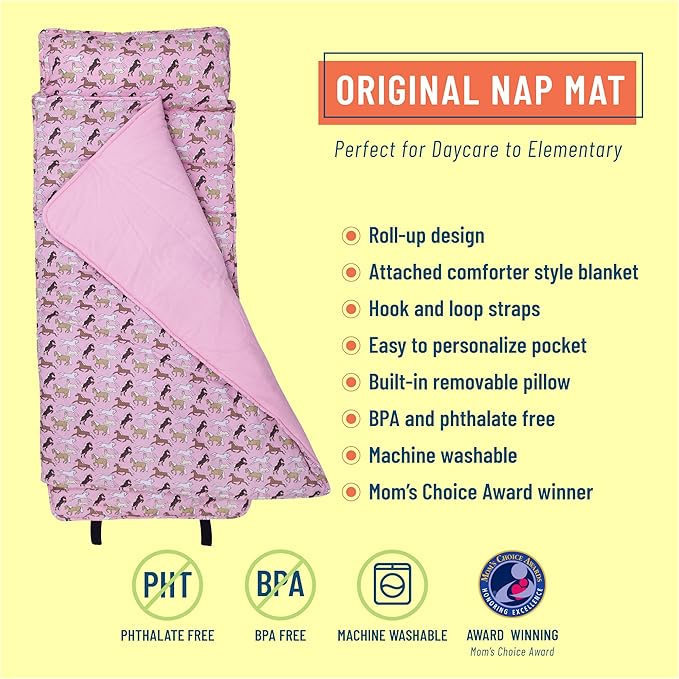 Wildkin Original Nap Mat with Reusable Pillow for Boys & Girls, Ideal for Sleepovers, Equipped with Hook & Loop Fastener, Made from Cotton Blend Materials - Nap Mat for Kids
