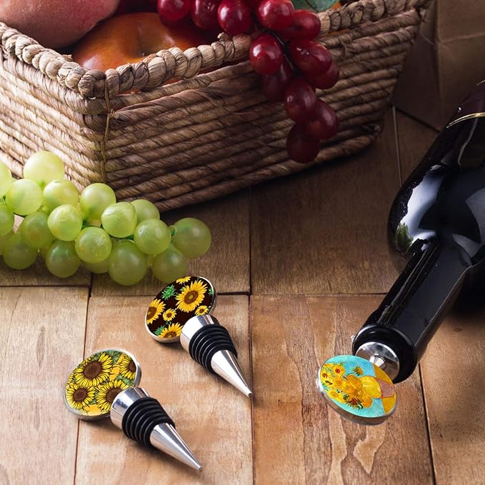 LIZIMANDU Wine Bottle Stoppers,Stainless Steel Wine Stoppers For Gifts, Bar, Holiday Party, Wedding (3 Pack, 3-Sunflower)