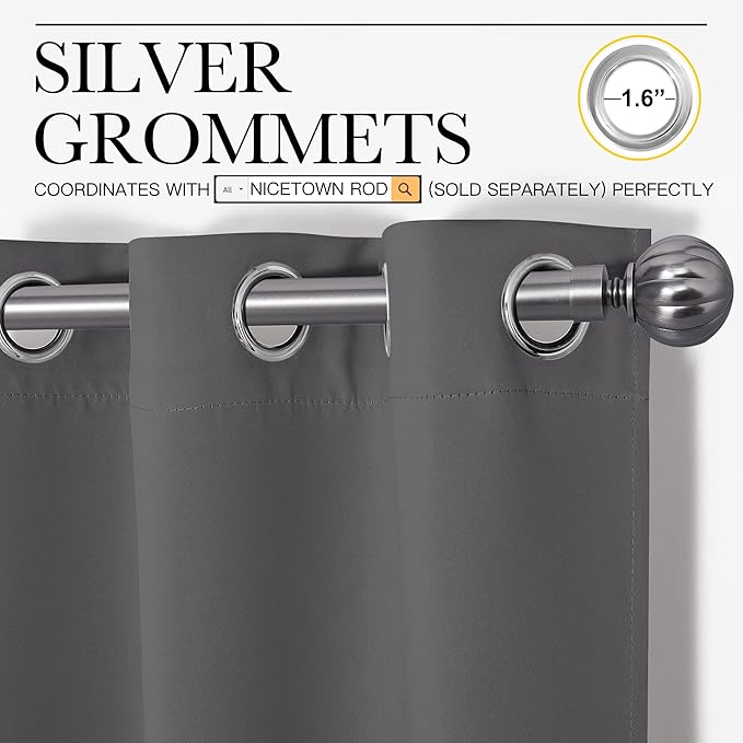 NICETOWN Grey Blackout Curtain Panels for Bedroom, Thermal Insulated Grommet Top Blackout Draperies and Drapes (2 Panels, W34 x L63 inches, Grey)