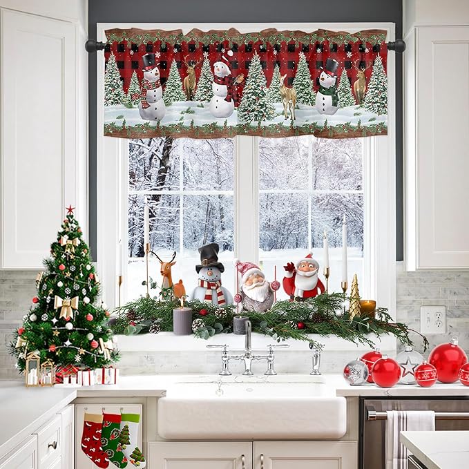 Christmas Snowman Kitchen Curtains and Valances Set, Christmas Tree Window Treatments Tiers Red Xmas Snowy Winter Semi Sheer Half/Short Curtains for Small Windows Cafe /Living Room/ Bedroom 54x 36 in