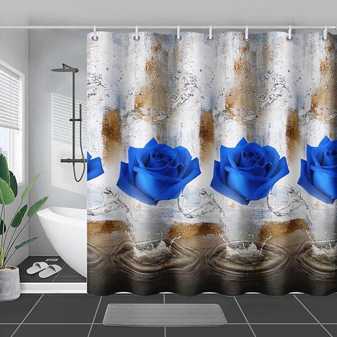 AILONEN Blue Rose Shower Curtain for Girls 3D Rose Water Droplet Retro Bathroom Decor,Modern Rose Flower Couple Lover Women Bath Curtain 72" W*96" H Polyester Waterproof Bathroom Curtain with Hooks