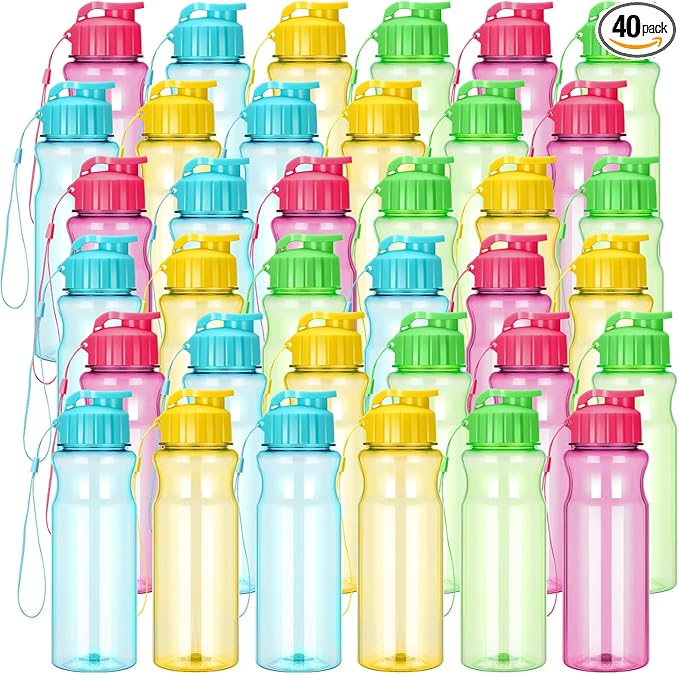 Tioncy 40 Pieces Water Bottles Bulk 17 oz Plastic Sport Drink Bottles with Handle Strap Lightweight Leakproof Reusable Leak Proof Travel Bottles for Fitness Gym(Bright Colors)