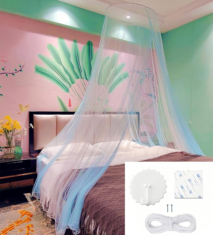 Eimilaly Two-Tone Bed Canopy Mosquito Net White Blue, Bed Canopy for Girls Room Decor - Insect Protection Hanging Canopy for Adults, Babies, Single Door