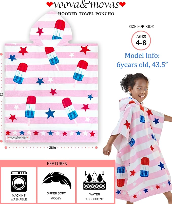 VOOVA & MOVAS Kids Beach Towels with Hood (4-8Years), Super Absorbent Soft Cotton Bath | Pool Towel for Boys and Girls, Perfect for Swim | Gifts, Pink Ice Lolly