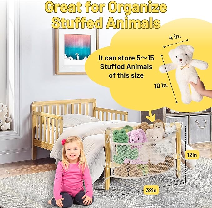 Stuffed Animal Storage Net for Kids, Bedside Toy Organizer Net - Neatly Store Your Stuffed Animals, Cotton Bedside Stuffed Animal Storage Net with Tether, Stretches up to 32 Inches, Beige