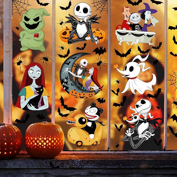 Halloween Window Clings 9 Styles, Nightmare Christmas Window Decorations Removable Stickers, Bats Spider Cartoon Window Decals 8 Sheets for Spooky Halloween Party Home Decor