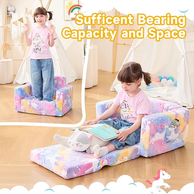 Toddler Chair, Toddler Couch, Kids Couch, Kids Sofa Chair 2 in 1, Comfy Toddler Chair Folding Out for Girls, Glow in The Dark Extra Soft Open Couch for Playroom, Gifts for Kids, Pink Unicorn