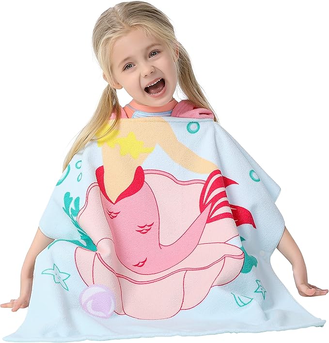 Toddler Girls' Wearable Bath Towel Mermaid Hooded Poncho Cover-ups Swimwear for Kid Girls Beach Pool
