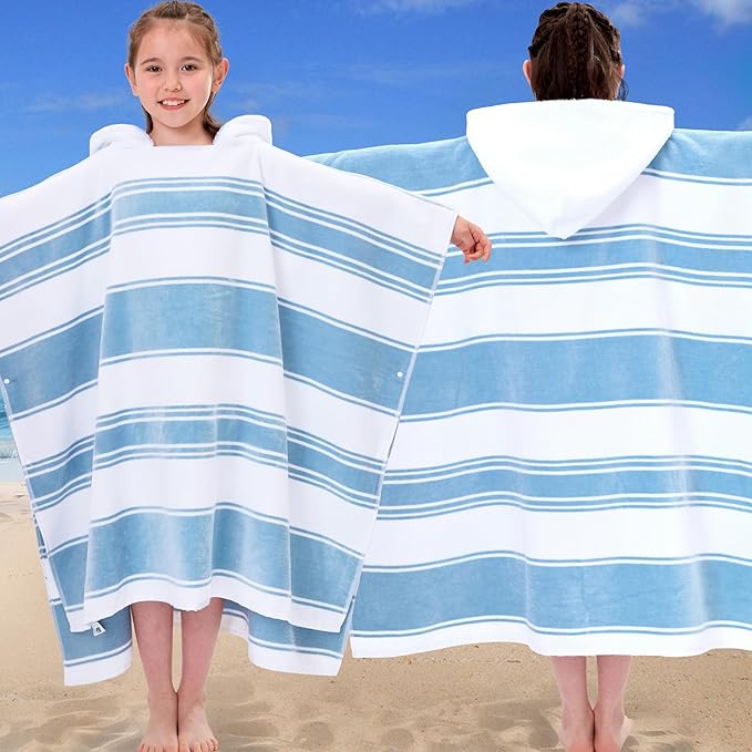 VOOVA & MOVAS Hooded Poncho Towels for Big Kids Boys (8-16Years), 100% Cotton Thick Poncho Towel Robe for Kids, Perfect for Pool, Beach, Bath and Gifts, Blue White Stripe