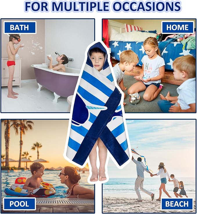 Toddler Bath Towel Hooded - Cotton Kids Beach Towel 30"x50" for Ages 3 to 10, Soft Terry Poncho Towel as Pool Swim Cover Ups for Girls Boys (Narwhal Blue)