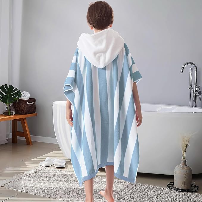 VOOVA & MOVAS Oversized Hooded Beach Towels for Teens (8-16Years), 100% Cotton Thick Absorbent Poncho Towel Robe, Perfect for Pool, Beach, Bathroom, Blue Cabana Stripe Design