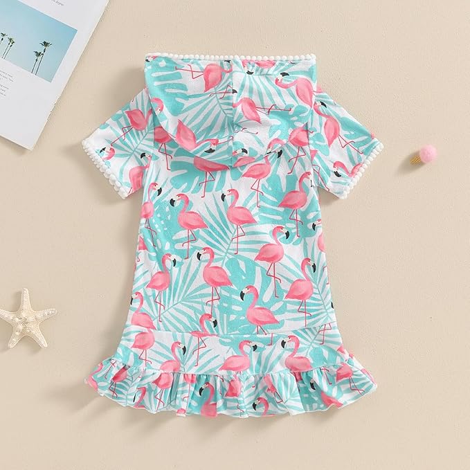 Toddler Beach Towel with Hood Kids Waffle Swim Cover Up Bath Towel Surf Poncho Boys Girls Hooded Beach Towel (Green Flamingo, 5-6 Years)