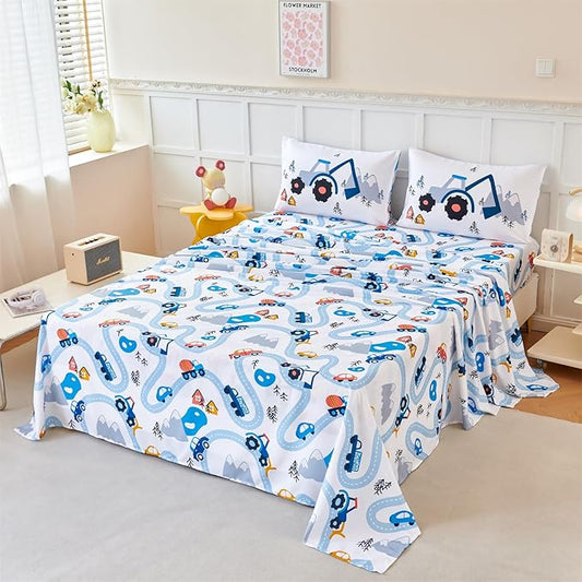RYNGHIPY Kids Full Bed Sheets: Cars Print Sheets Set for Boys - Breathable Wrinkle Free Microfiber Flat Sheet Fitted Sheet and Pillowcases (White,Full)