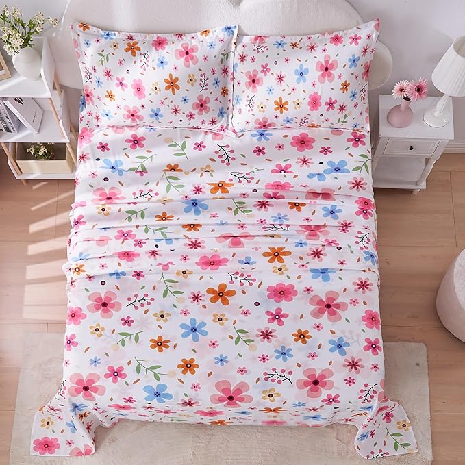 Full Size Bed Sheets Set White Colorful Floral Bed Sheets Girls Cute Microfiber Cooling Sheets 4pcs Kids Full Bed Set Wrinkle Free, 15 inch Deep Pocket Fitted Sheet, Flat Sheet, Pillowcases