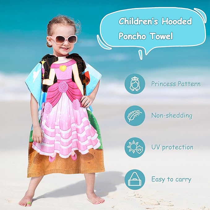 Catalonia Princess Hooded Bath Towel for 2 to 6 Years Girl, 100% Cotton Water Absorption Beach Poncho Swim Changing Robe, Sand Proof