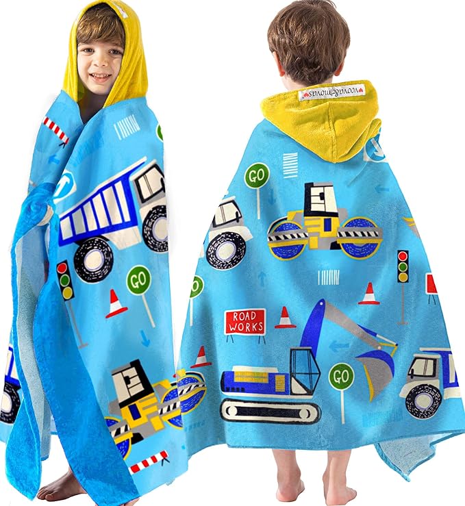 VOOVA & MOVAS Kids Towels Age 3-10, Soft | Thick | 100% Cotton, Large Absorbent Beach, Bath, Pool, Swim Towels | Cover up for Boys | Excavator Vehicle