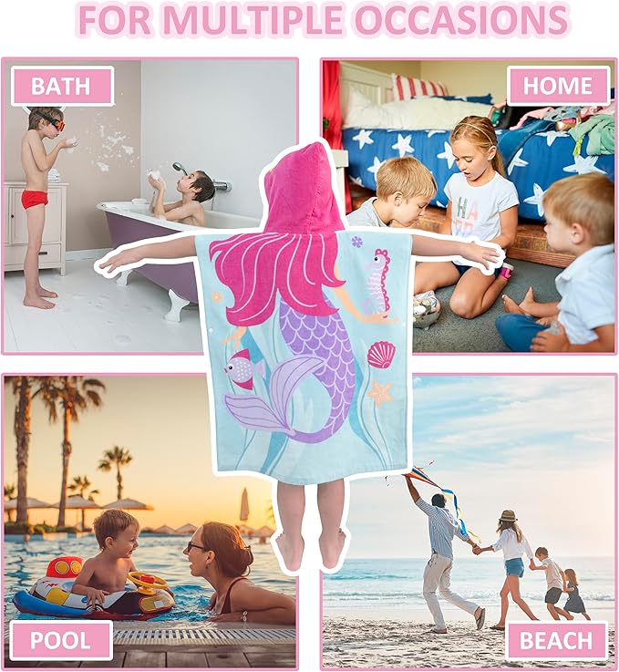 Toddler Bath Towel Hooded - Cotton Kids Beach Towel 20"x20" for Ages 1 to 4, Toddler Towels with Hood Snaps, Soft Terry Poncho Towel as Pool Swim Cover Ups for Girls Boys (Memaild Aqua)