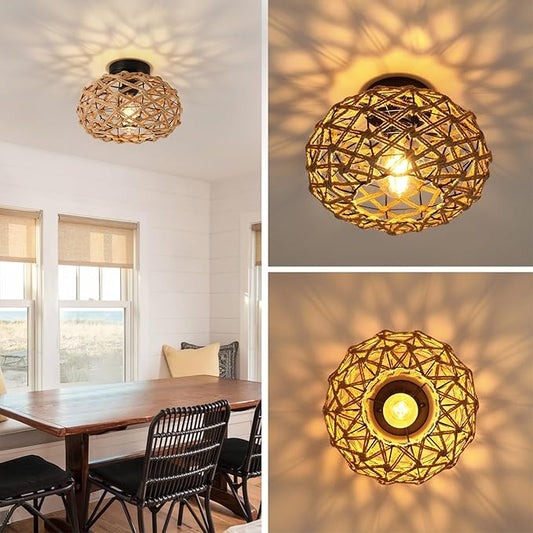 Rattan Ceiling Light Fixtures, Woven Wicker Semi Flush Mount Ceiling Light, Coastal Boho Rattan Ceiling Light for Farmhouse Bedroom Hallway Entryway Kitchen
