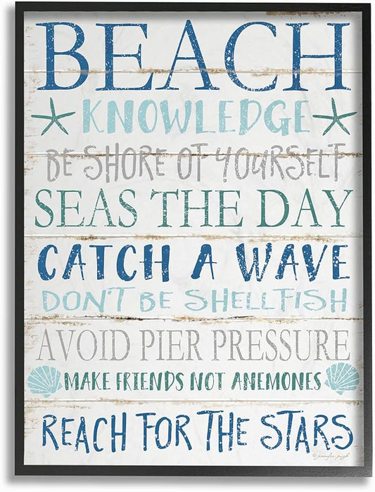 Stupell Industries cwp-367 Beach Knowledge Blue Aqua and White Planked Look Sign Wall Art, 16 x 20, Black Framed