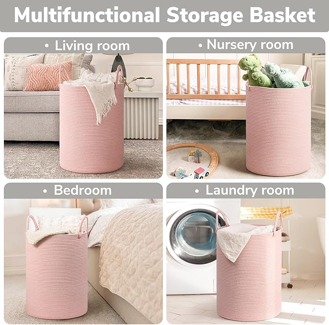 INDRESSME Pink Laundry Basket for Girls Kids Laundry Hamper for Nursery, Woven Rope Storage Basket for Living Room Girls room, Tall Basket for Blanket Storage Toys Bin, 19.7 x 13.8 inches