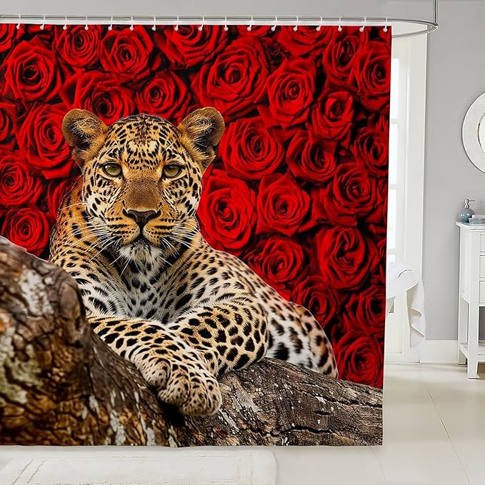 Feelyou Kids Leopard Bathroom Shower Curtain Set Leopard Shower Curtain Flower Leopard Bath Curtain for Kids Boys Girls Wild Leopard Kids Bathroom AccessoriesWild Animal 72"x84"
