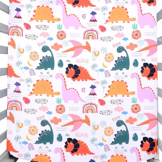 JISEN Baby Crib Sheet 1 Piece Portable Fitted Crib Sheet for Standard Crib and Toddler Mattresses Nursery Bed Decor for Boys Girls 28x52 Inch Multicolor Dinosaurs