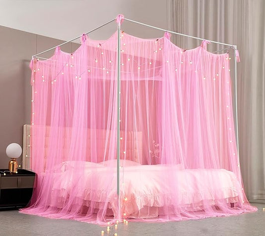 Mengersi Canopy Bed Curtains Bed Canopy with Lights for Girls, Bed Netting Unique Style 4 Door Mosquito Net for Adults Women Bedroom Decor (Pink+Lights, Twin/Twin XL)