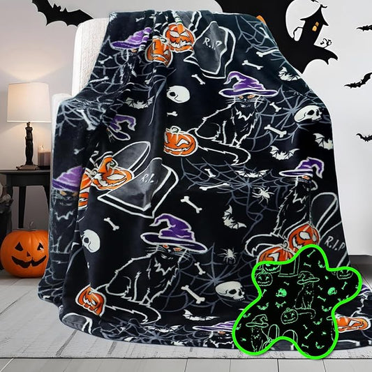 Halloween Throw Blankets Glow in The Dark Blanket Black Cat and Pumpkin Blanket Halloween Decorations Gifts for Women 60"x80"