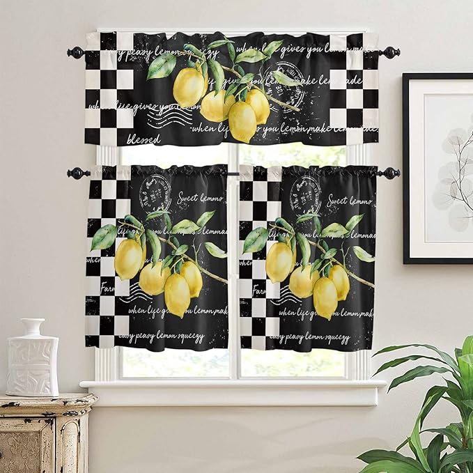 Kitchen Curtains and Valances Set,Summer Tropical Lemon Window Treatments Tiers Buffalo Plaid Black White Semi Sheer Half/Short Curtains for Small Windows Cafe /Living Room/ Bedroom 54x36 in, 3-Piece